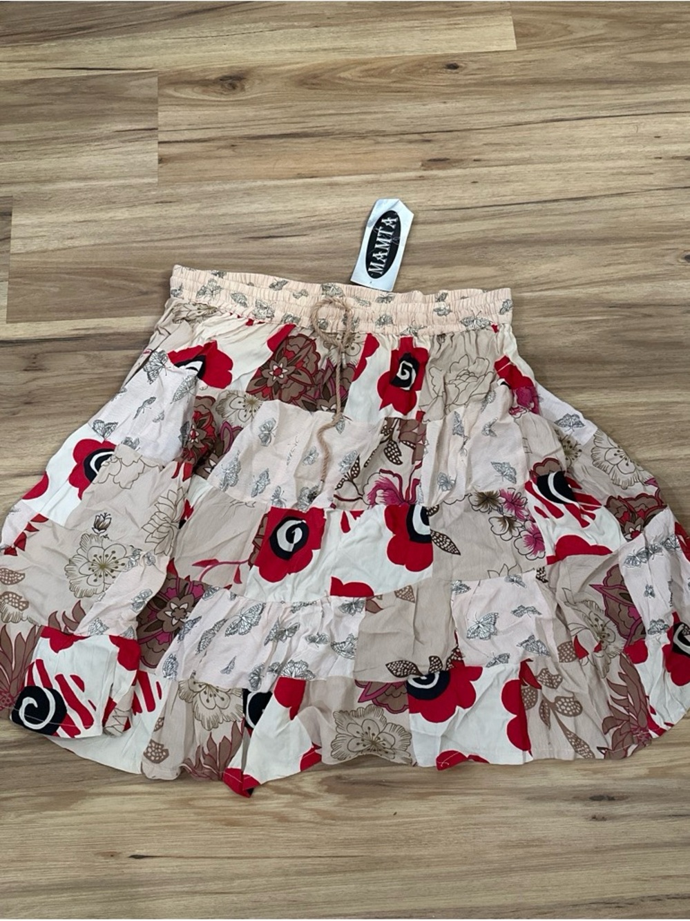 Women's Floral Tiered Midi Skirt in Beige and Red